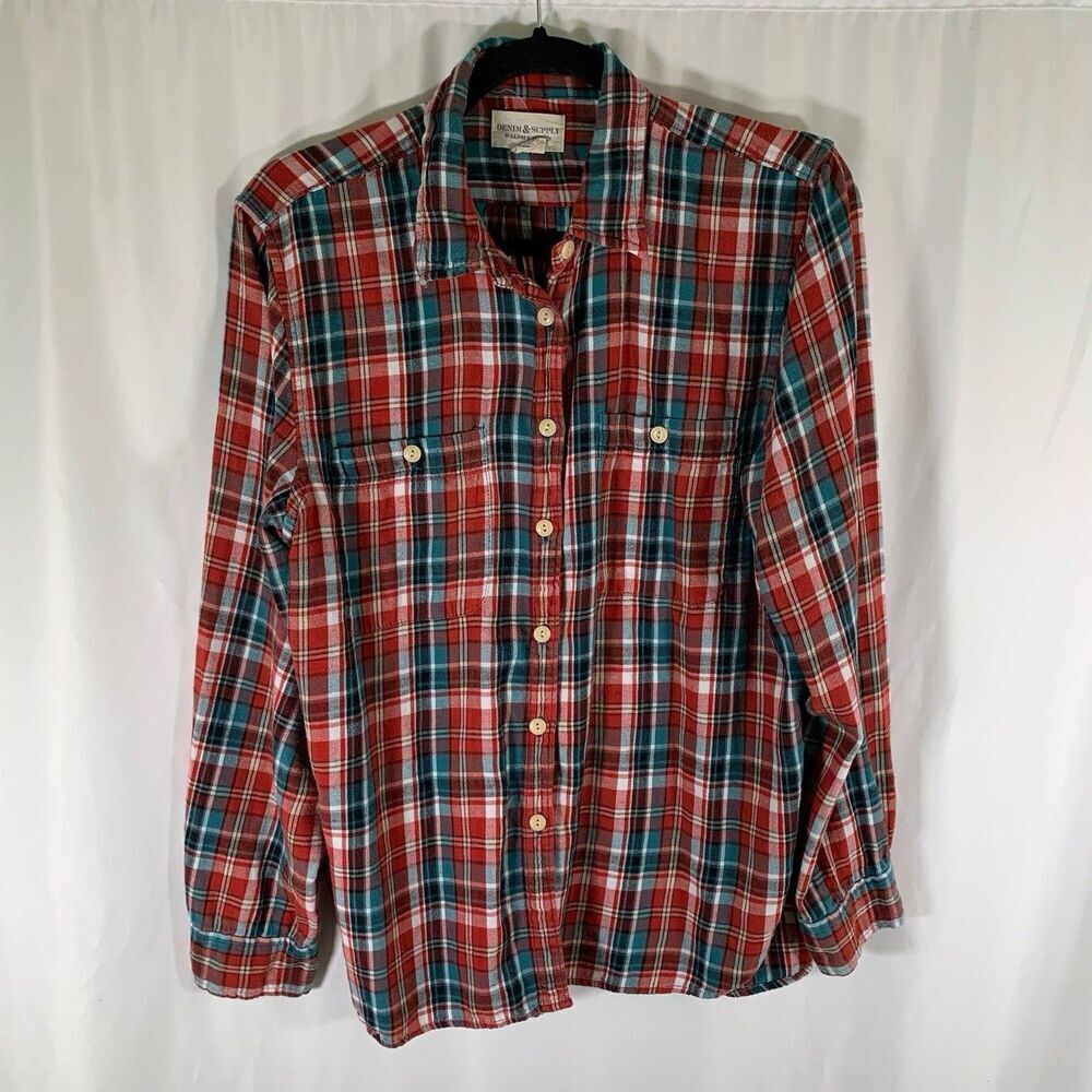 Denim Supply Ralph Lauren Flannel Women's Large Red Green Plaid Long Sleeve